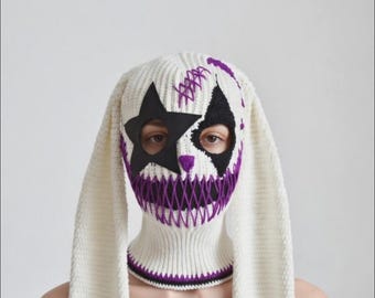 Custom Crochet 3 Hole Balaclava Clown With Ears Handmade Horror Knit Ski Mask Star