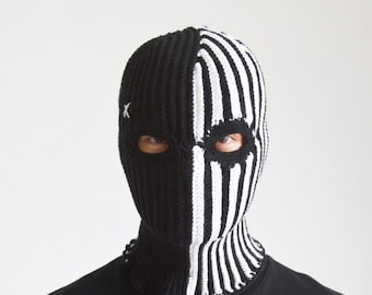 Custom Crochet Black and White Striped Balaclava Hand Knit Ski Mask Two-Color