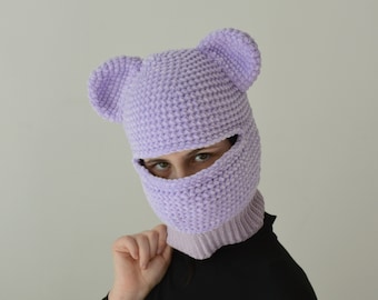 Traje de pasamontañas de oso de lavanda traje de máscara de esquí estilo callejero hombres mujeres Sombrero de gorro de terciopelo de ganchillo con orejas