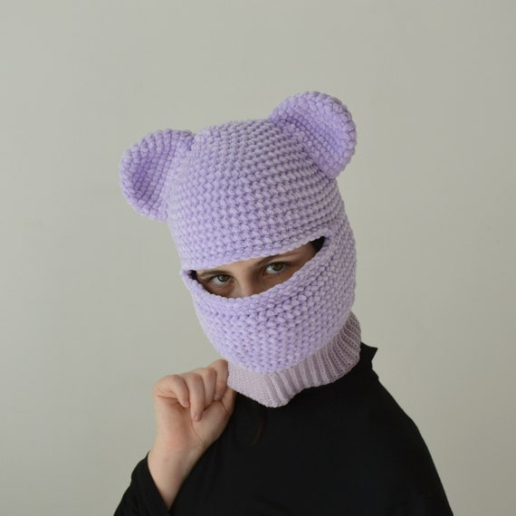 Lavender Bear Balaclava Ski Mask Outfit Street Style Men Women Crochet  Velvet Beanie Hat With Ears 