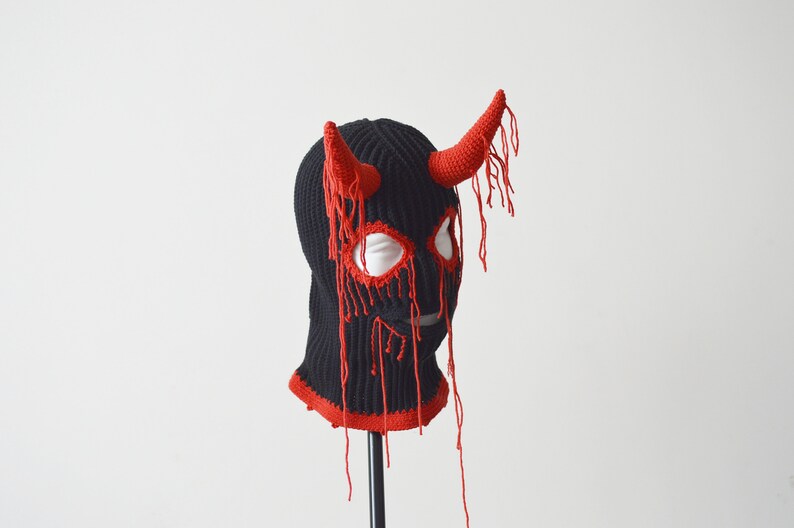 Custom Red Devil Horns Beanie Ski Mask 3 Hole Knit Creepy Etsy