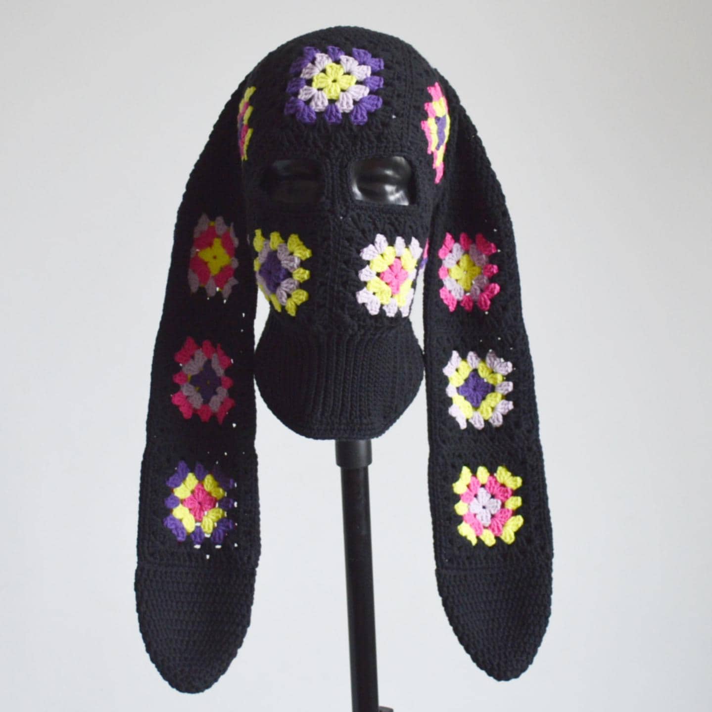 Custom Crochet Granny Square Bunny Balaclava Knit Ski Mask Patchwork Design