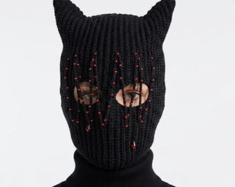 Benutzerdefinierte Katzenohren gehäkelte Balaclava mit roten Perlen Strasssteine Skimaske Anime Cosplay
