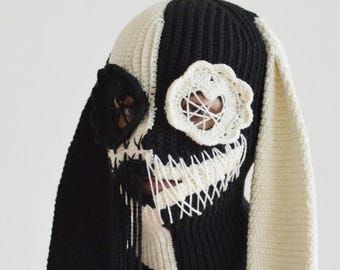 Two-Colored Crochet Bunny Balaclava Hat Fringe Knit Ski Mask with Long Ears Heart Eye