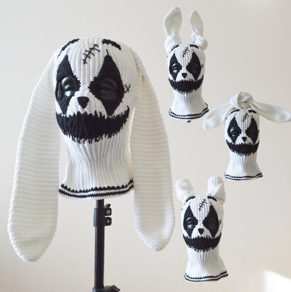Custom Crochet Clown Bunny Ears Balaclava: Handmade Creepy Smile