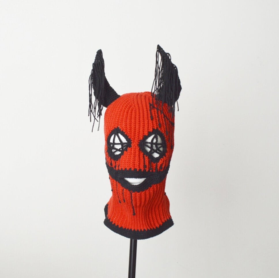 Custom Red Devil Horns Beanie Ski Mask 3 Hole Knit Creepy Distressed ...