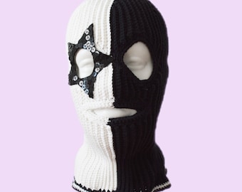 Custom Star black white crochet balaclava ski mask women men 3 holes Knittet beanie hat styles outfit Best friend 30th birthday gift