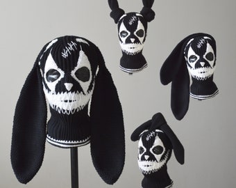 Masque de ski oreilles de lapin joker personnalisé 3 trous Bonnet lapin clown effrayant au crochet pour homme et femme jolie cagoule tricotée tenues chapeau d'Halloween