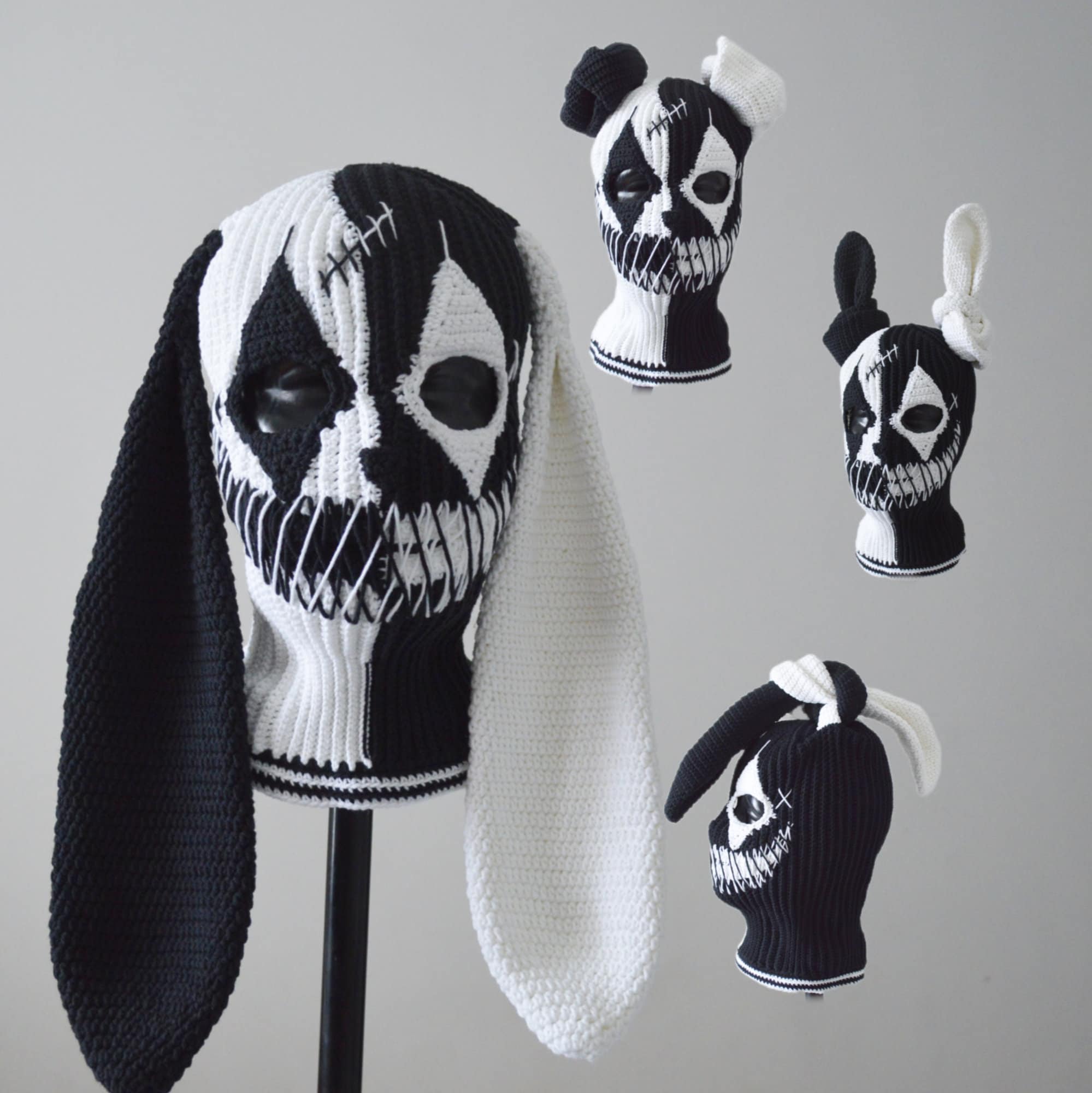 Custom Joker Bunny Ears Ski Mask Black and White Color Crochet