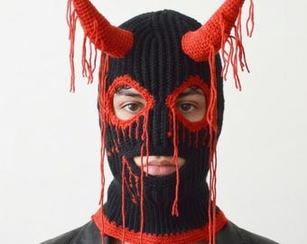Crochet Devil Balaclava With Horns Handmade Horror Demon Ski Masks 3 hole