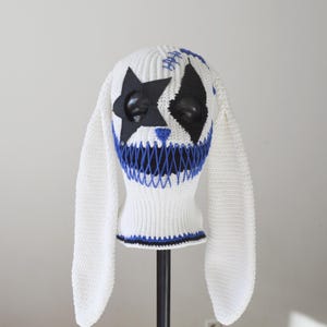 Custom Bunny mask 3 holes star Crochet original design creepy clown balaclava smile with ears Knit rabbit ski hat Halloween aesthetic gothit