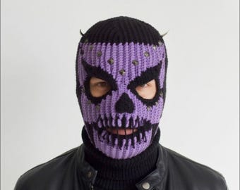 Custom Crochet Skull Balaclava: Black, Lilac, Devil Horns, Spikes – Horror Ski Mask