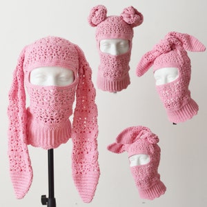 Custom crochet sheer balaclava ski mask aesthetic women men Knitted net pink cute beanie hat with ears