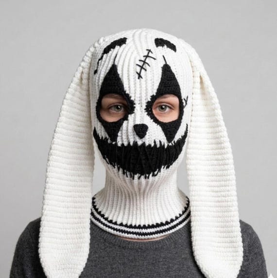 SEICARINO Rabbit Ears Balaclava バラクラバ Black Bunny Balaclava – Hand Knit Cotton Rabbit Mask With Bendable