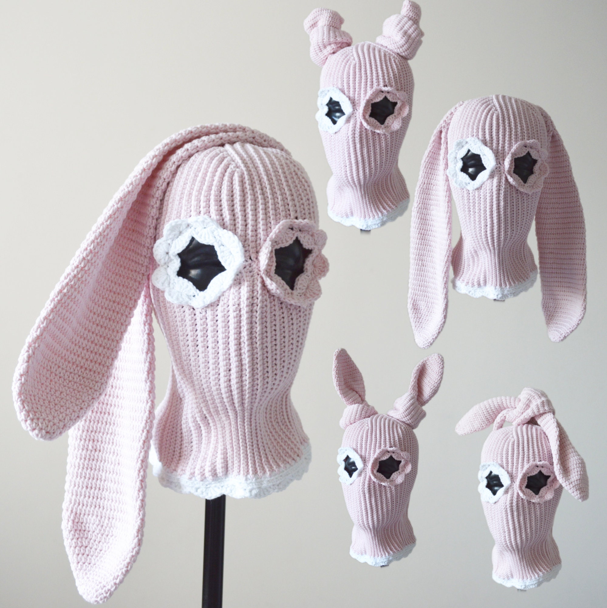 Custom Pink Crochet Bunny Balaclava Flower Eye: Knit Cotton Ski