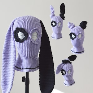 Custom Bunny crochet balaclava ski mask women men Knitted cute lilac beanie hat with ears aesthetic gothit