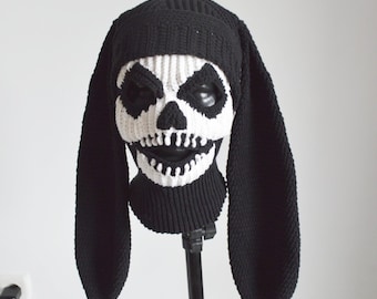 Crochet Skull Bakaclava wity Long Bunny Ears Black Gothic Knit Ski Mask Punk Skeleton Face Hood
