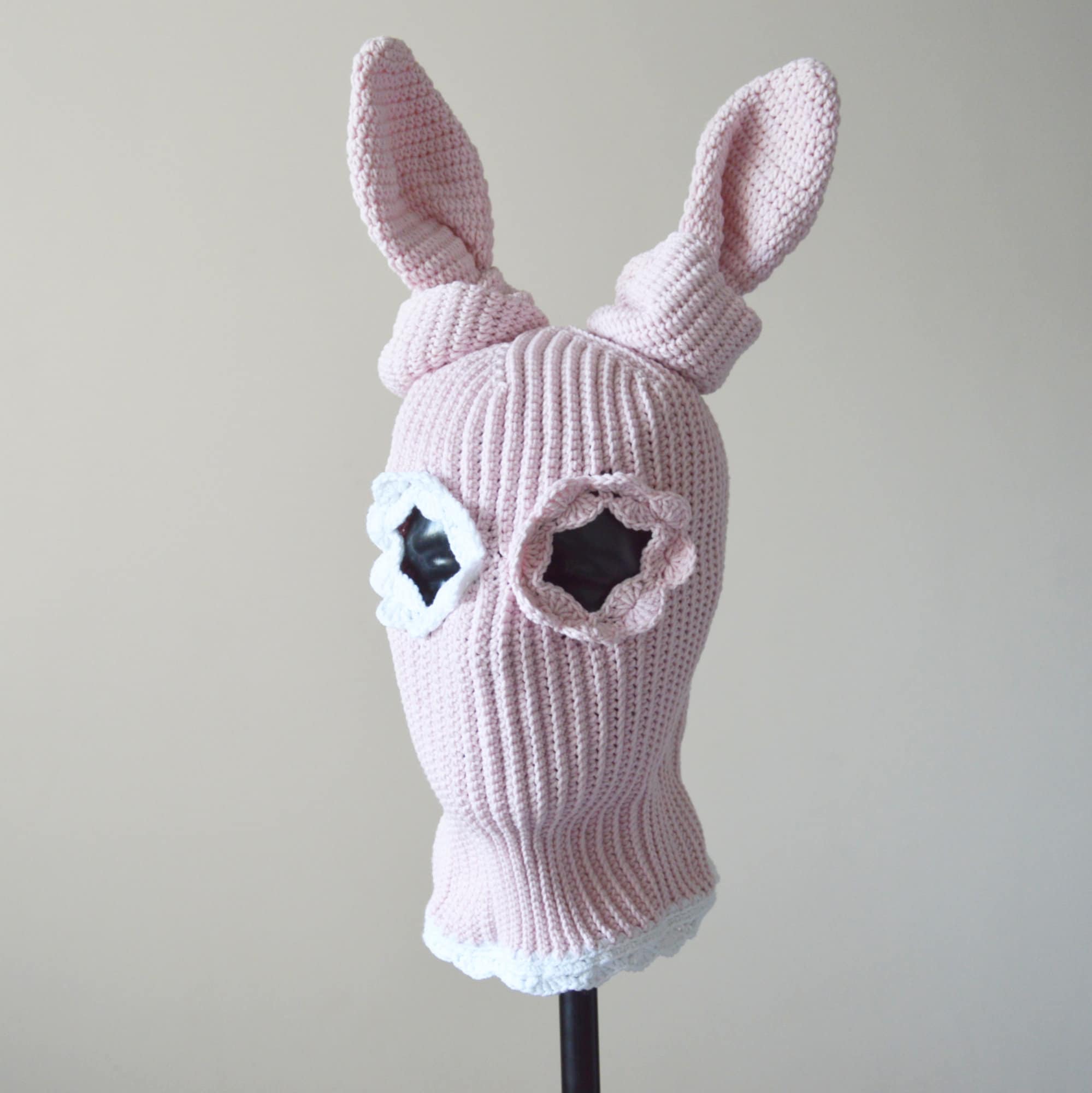 SEICARINO Rabbit Ears Balaclava バラクラバ Custom Pink Crochet Bunny Balaclava Flower Eye: Knit Cotton Ski