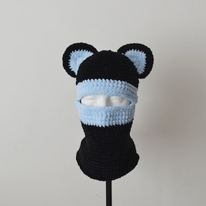 Custom Crochet Velvet Bear Balaclava: Black & Blue One Eye Ski Mask