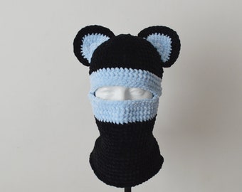 Custom Bear negro azul pasamontañas máscara de esquí un ojo agujero atuendo street style hombres mujeres Sombrero de terciopelo de ganchillo con orejas para adultos