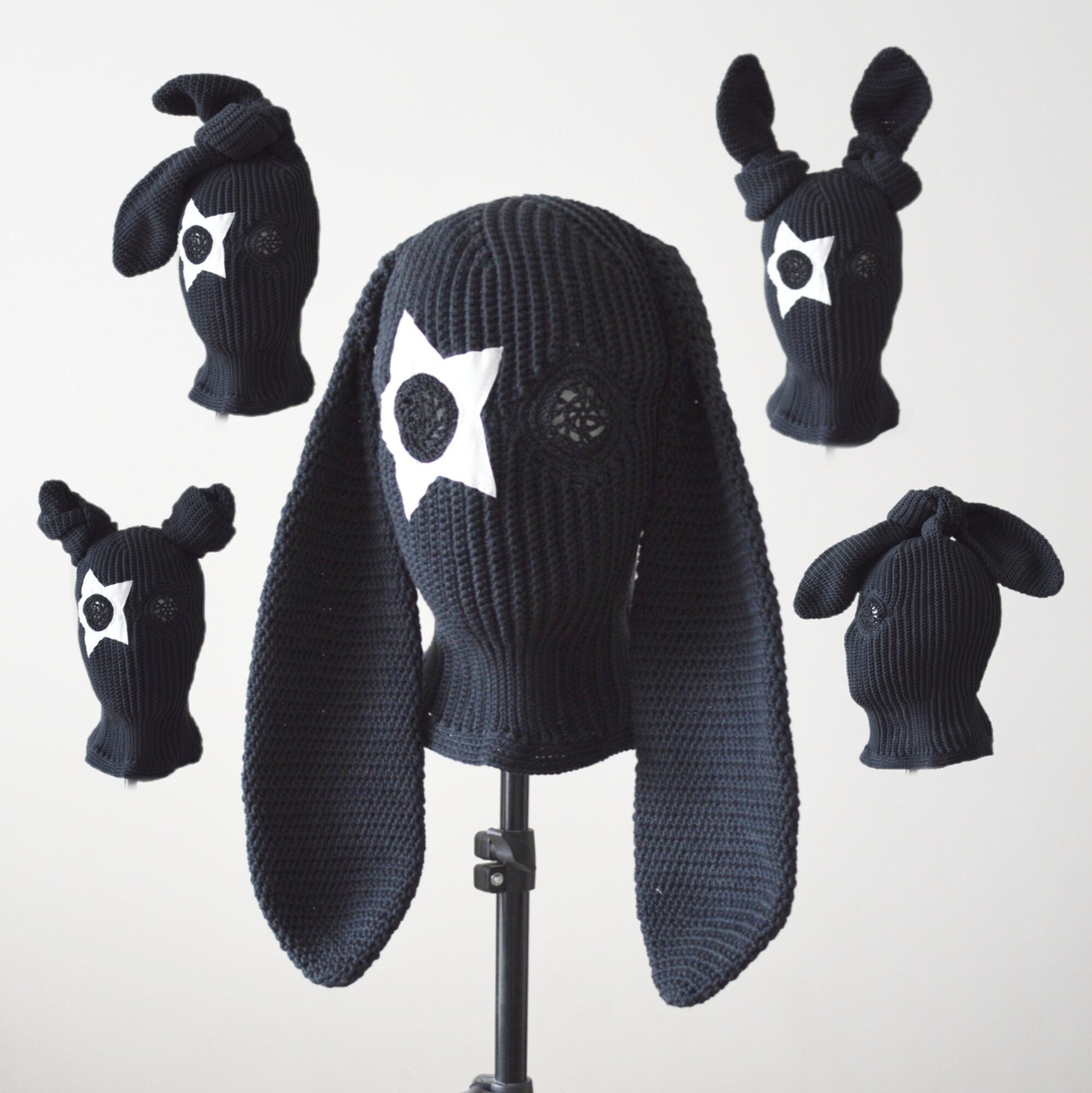 Custom Crochet Bunny Balaclava: Knit Rabbit Ears Ski Mask with White Star closed eyes