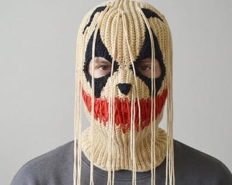 Custom Crochet Balaclava Clown Red Smile Hanging Threads: Handmade Horror Ski Masks Fringe