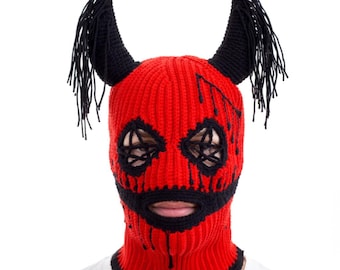 Crochet Devil Balaclava With Horns Handmade Horror Ski Masks 3 hole