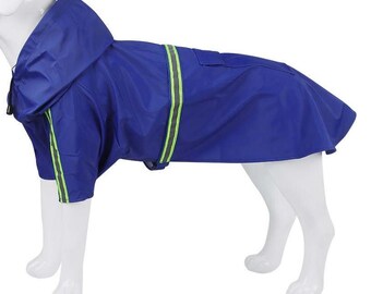 Waterproof Reflective Raincoat, adjustable, with hood. XS (max 25cm back, 46cm chest) and Medium (max 34cm back, 62cm chest).