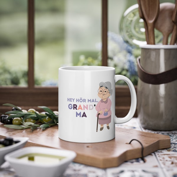 Quirky Grandma Mug: 'Hey hör mal Grand'ma' Funny Design, 11 oz Coffee Cup, Unique Mothers Day Gift, pastel colors, cold and hot beverages