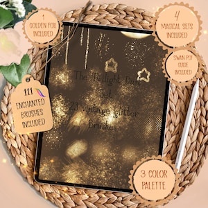 May include: A digital art set on a tablet, featuring the text "The Twilight Dust Set" and "23 vintage glitter brushes." Includes 1 golden foil, 111 enchanted brushes, 4 magical sets, a Swan PDF guide, and a 3-color palette.