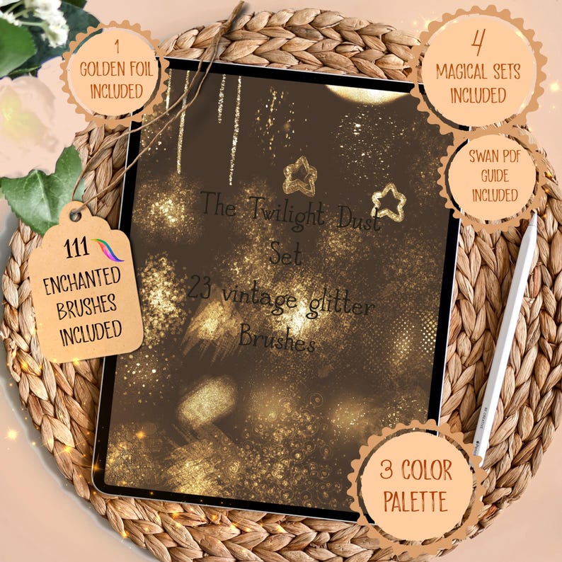 May include: A digital art set on a tablet, featuring the text "The Twilight Dust Set" and "23 vintage glitter brushes." Includes 1 golden foil, 111 enchanted brushes, 4 magical sets, a Swan PDF guide, and a 3-color palette.