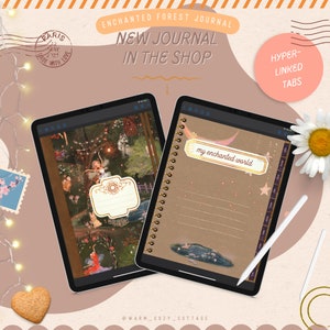 May include: A digital illustration of a journal with a whimsical forest scene on the cover. The journal has a brown cover with a gold spiral binding and a tabbed section. The text "my enchanted world" is on the cover. The journal is displayed on a tablet screen.