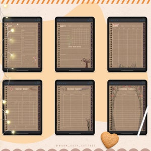 May include: Six digital planner pages with a brown paper background and illustrations of nature. The pages are labeled "Daily", "Habits", "Health", "Monthly Budget", "Revenue Tracker", and "Expenses Tracker".