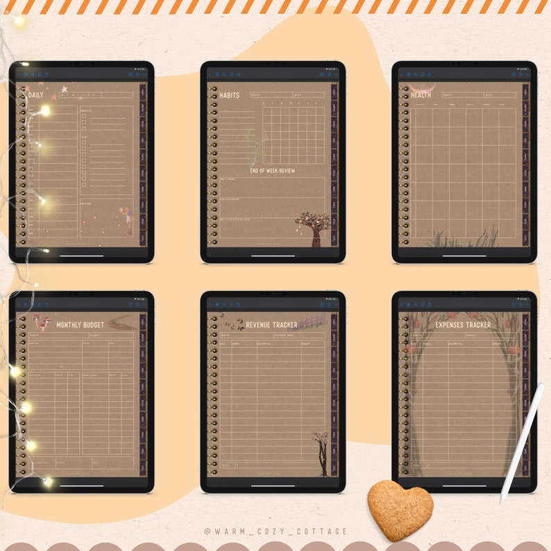 May include: Six digital planner pages with a brown paper background and illustrations of nature. The pages are labeled "Daily", "Habits", "Health", "Monthly Budget", "Revenue Tracker", and "Expenses Tracker".