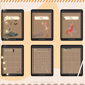 May include: Six digital planner pages with a brown paper background and illustrations of fairies, a peacock, a cat, and flowers. The pages are labeled "Goals", "Notes", "Lists", "Yearly Overview", "Month", and "Weekly".