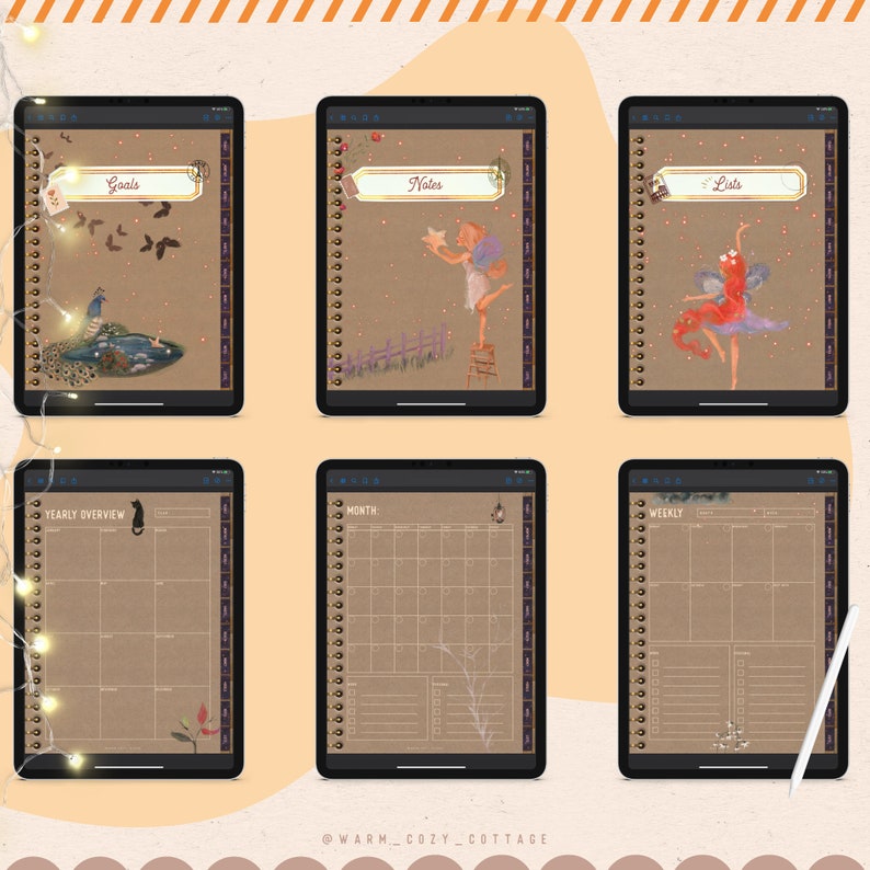 May include: Six digital planner pages with a brown paper background and illustrations of fairies, a peacock, a cat, and flowers. The pages are labeled "Goals", "Notes", "Lists", "Yearly Overview", "Month", and "Weekly".