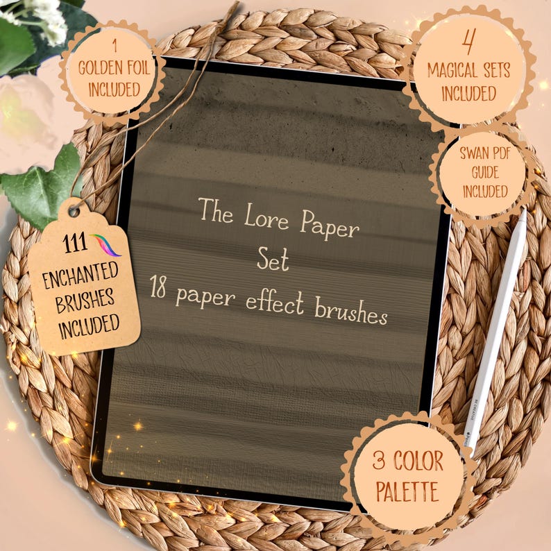May include: A digital art set displayed on a tablet, featuring the text "The Lore Paper Set" and "18 paper effect brushes." Includes 1 golden foil, 111 enchanted brushes, 4 magical sets, a Swan PDF guide, and a 3-color palette.
