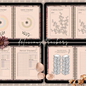 May include: A digital planner with a pink and brown floral design. The planner includes pages for habit tracking, progress tracking, period tracking, and reading goals. The text "delicious trackers" is written in a decorative font on the planner.