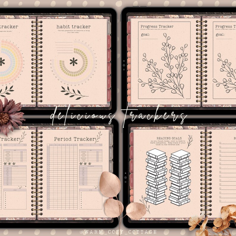 May include: A digital planner with a pink and brown floral design. The planner includes pages for habit tracking, progress tracking, period tracking, and reading goals. The text "delicious trackers" is written in a decorative font on the planner.