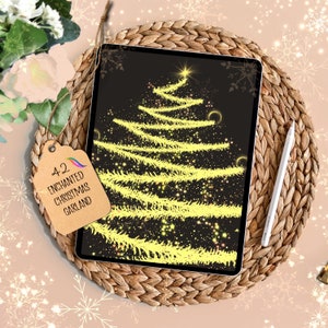 May include: A digital illustration of a yellow Christmas tree garland with a black background and sparkling lights. The image is displayed on a tablet computer.