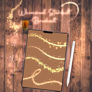 May include: A digital tablet displaying a set of five gold glitter brushes with different designs, including hearts, stars, and swirls. The text "Whimsical Stardust Brushset" is displayed at the top of the tablet.
