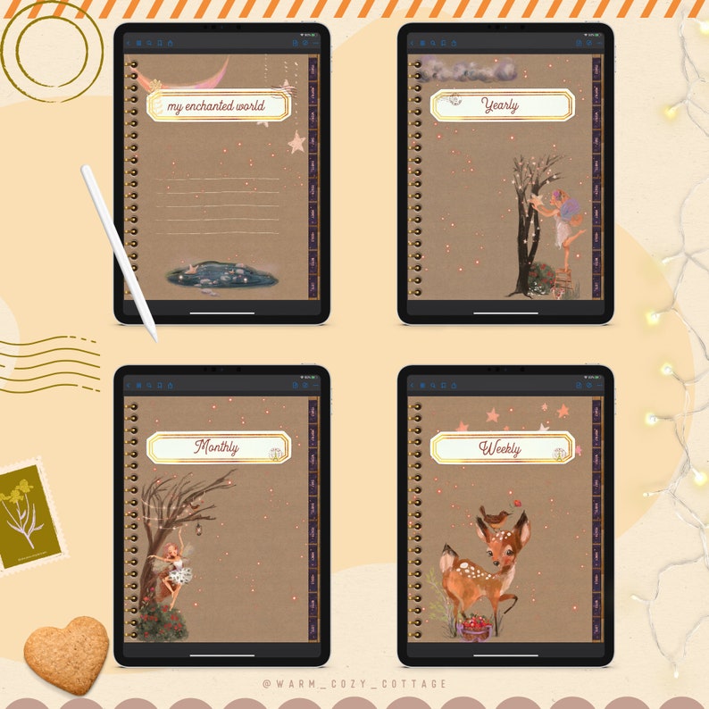 May include: Four digital planner pages with a brown background and gold accents. The pages are labeled "my enchanted world", "Yearly", "Monthly", and "Weekly". Each page features a different illustration: a crescent moon, a fairy, a deer, and a bird.