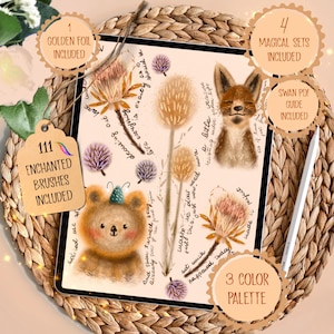 May include: A digital art illustration on a tablet featuring a fox, bear, and floral elements. The image includes text: "111 Enchanted Brushes Included," "4 Magical Sets Included," and "3 Color Palette." The tablet rests on a woven mat.