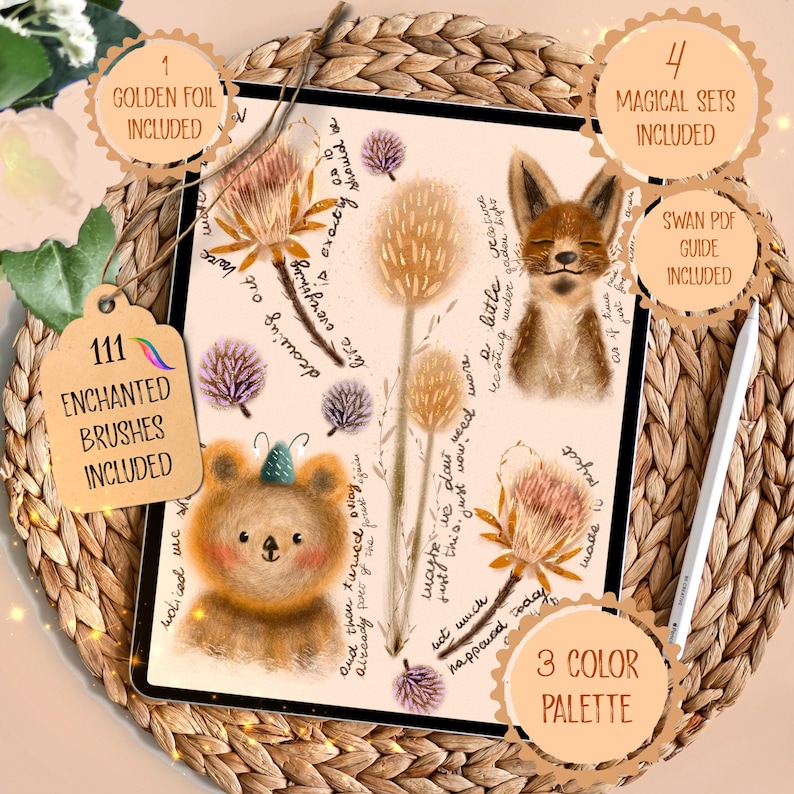 May include: A digital art illustration on a tablet featuring a fox, bear, and floral elements. The image includes text: "111 Enchanted Brushes Included," "4 Magical Sets Included," and "3 Color Palette." The tablet rests on a woven mat.