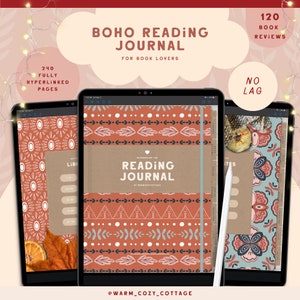 Boho Digital Reading Journal / Reading Planner / Reading Digital Planner / Recensione di libri, Goodnotes, Reading Tracker, Scaffale per libri, Registro di lettura
