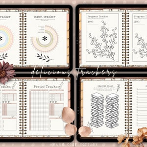 May include: A digital planner with pages for habit tracking, progress tracking, period tracking, and reading goals. The pages are decorated with floral illustrations and the text "delicious trackers".