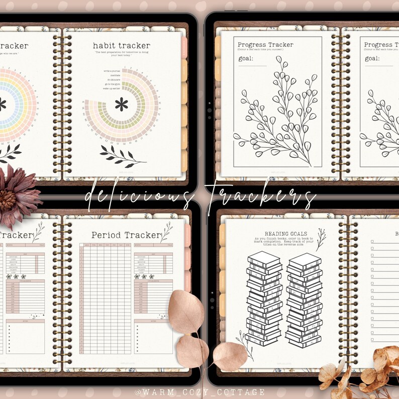 May include: A digital planner with pages for habit tracking, progress tracking, period tracking, and reading goals. The pages are decorated with floral illustrations and the text "delicious trackers".