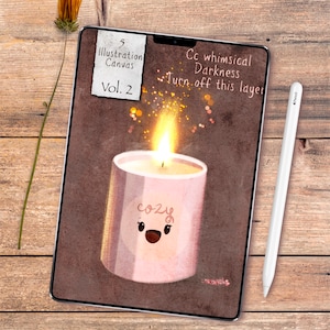 May include: A digital illustration on a tablet featuring a lit pink candle with the word "cozy" and a smiling face. The tablet also displays text: "5 Illustration Canvas Vol. 2" and "Cc whimsical Darkness Turn off this layer". A white stylus rests beside the tablet.