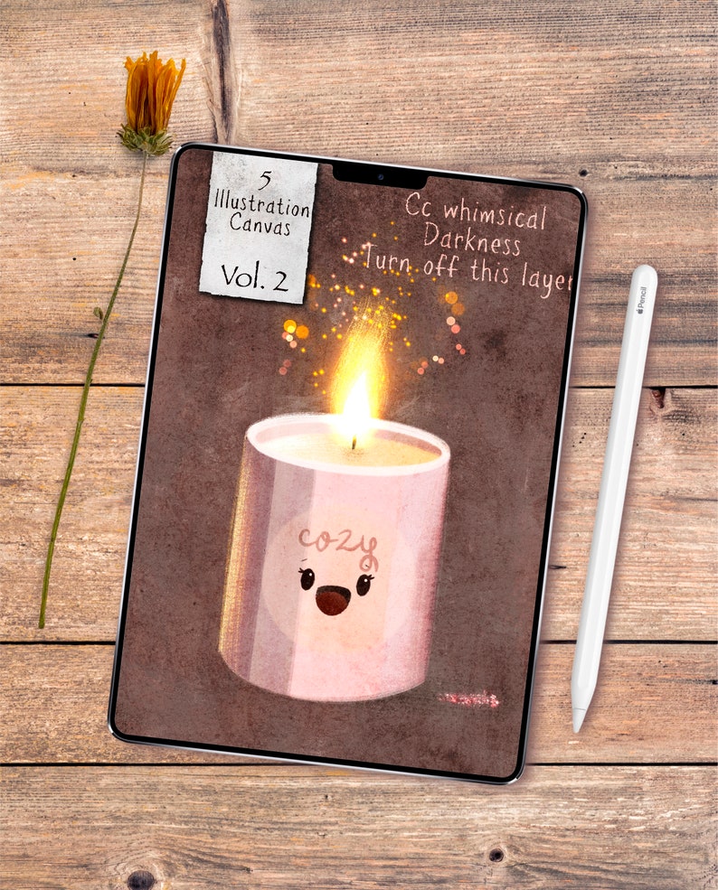 May include: A digital illustration on a tablet featuring a lit pink candle with the word "cozy" and a smiling face. The tablet also displays text: "5 Illustration Canvas Vol. 2" and "Cc whimsical Darkness Turn off this layer". A white stylus rests beside the tablet.