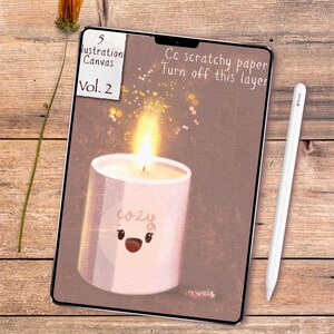May include: Digital illustration on a tablet featuring a lit candle with the word "cozy" and a smiling face. The tablet is on a wooden surface, with a dried flower and a stylus. Text on the tablet reads "5 Illustration Canvas Vol. 2".